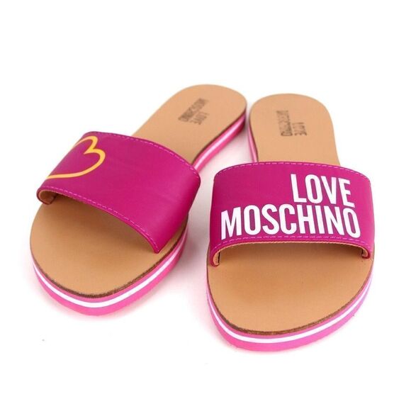 Love Moschino PURPLE FAUX LEATHER FLAT BEACH SHOES FLIP FLOPS SWIMWEAR Sz 37 EU - Picture 2 of 9